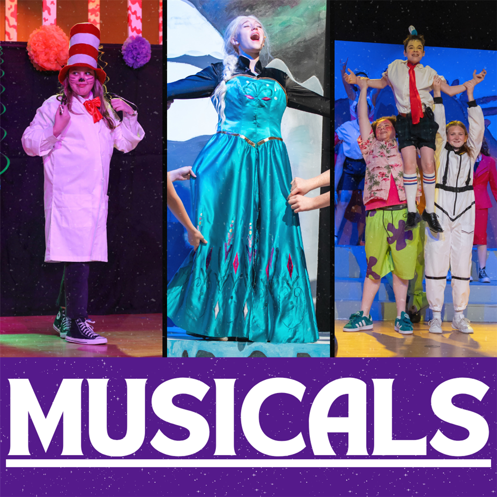 Images of students performing in musicals: Cat in the Hat from Seussical, Elsa from Frozen, and a lift from SpongeBob Musical