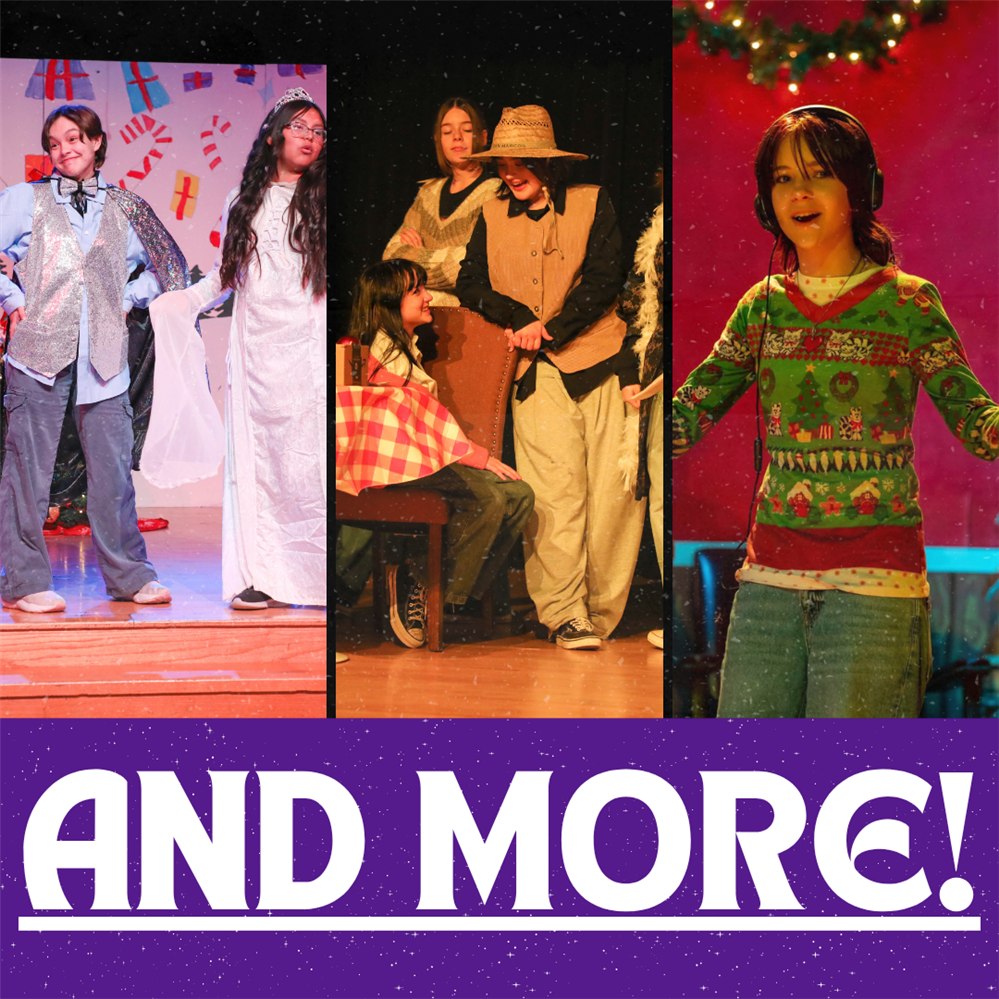 Three students perform in holiday and rustic costumes across various Marvelous Miller Theatre productions.